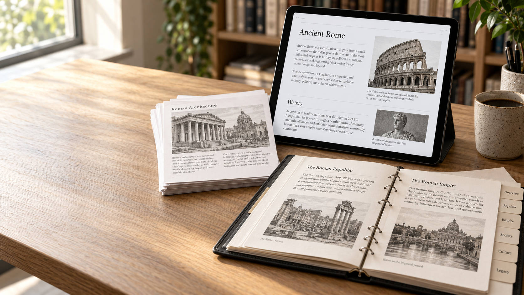 Tablet displaying an encyclopedia article beside printed pages and a chapter-organised reading binder.